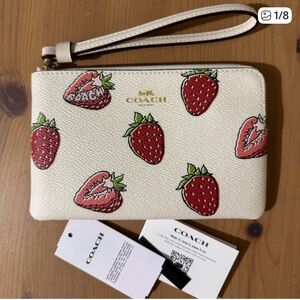 Coach Cream Wristlet with Red Strawberry Design